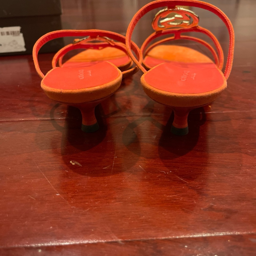 Gucci Orange Multi-Strap Logo Medallion Slide Sandal Kitten Heels - Picture 5 of 6